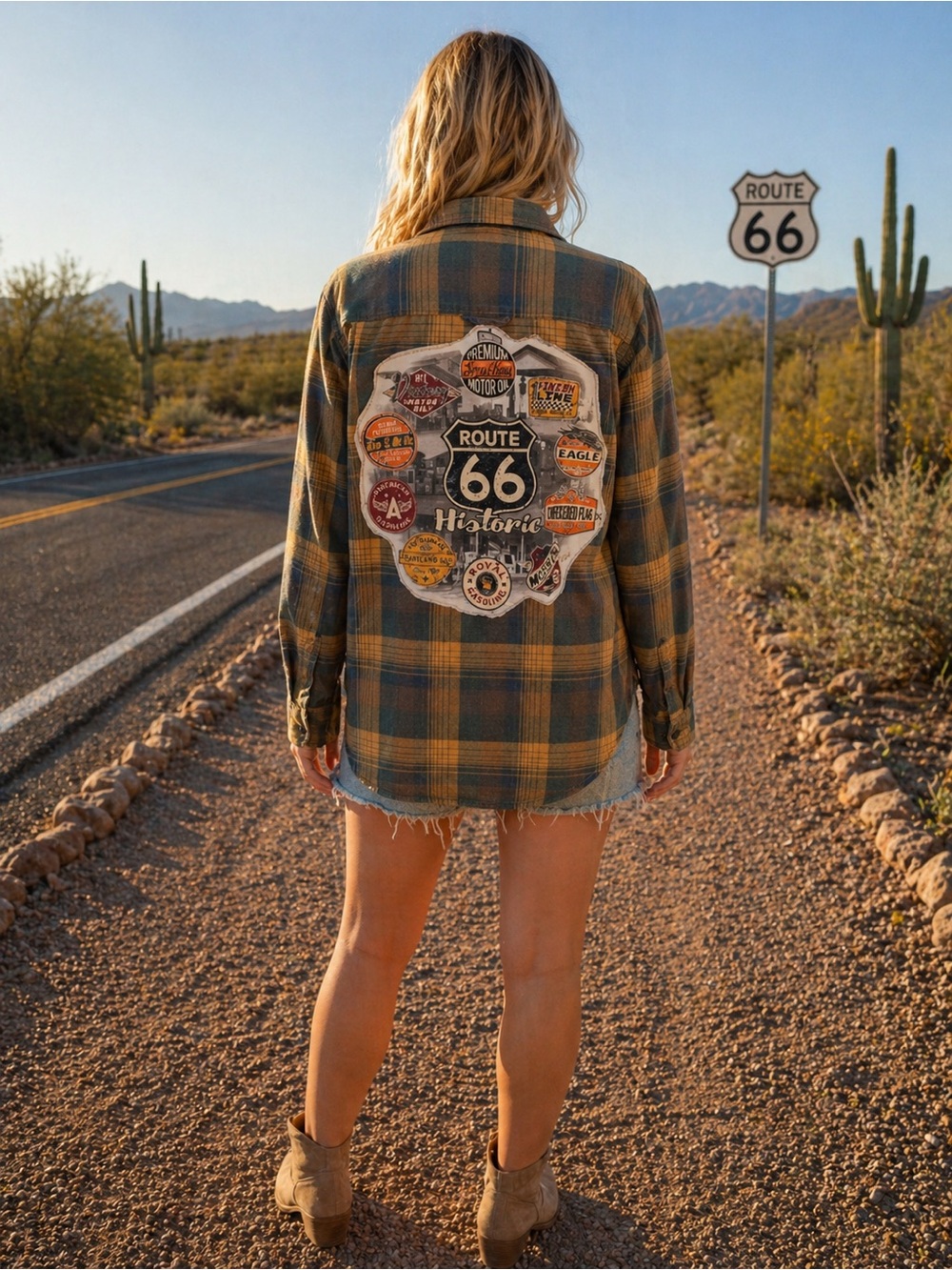 Vintage-Inspired Plaid Shacket with Route 66 Patch